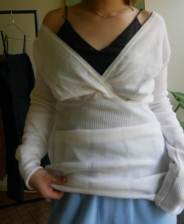 70s-80s Euro  "mamabu" White Pointelle Long Sleeve
