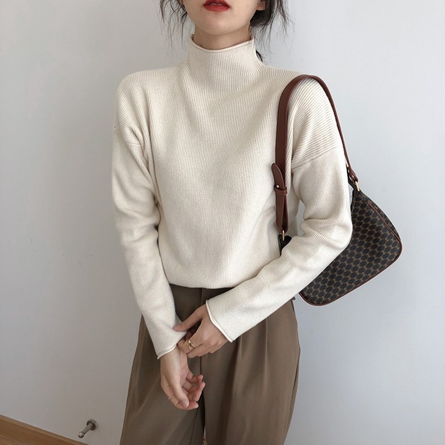 カールヘム トップス セーター ミディアム丈 長袖 ハーフハイネック モックネック 長袖 ドロップショルダー ニット 伸縮性 シンプル カジュアル きれいめ 上品 おしゃれ お洒落 こなれ感 大人っぽい かっこいい シック 無地 秋 冬 レディース 女性用 ママ 女の子 OL 通勤 学生 通学 デート お出かけ 公園デビュー 女子会 普段使い 着回し 韓国風 オルチャン ファッション コーデ スタイル 体系カバー 合わせやすい 万能 黒 ブラック 青 ロイヤルブルー オフ白 オフホワイト カーキ カラバリ