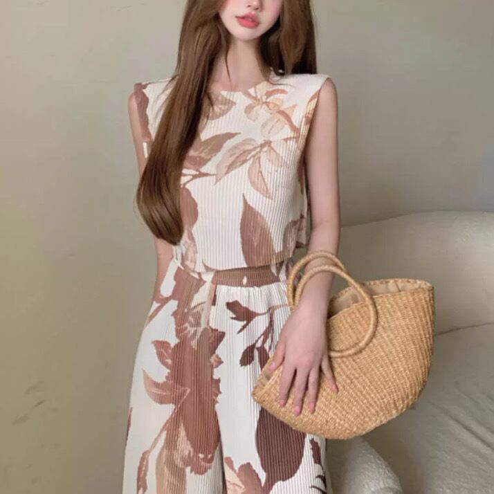 韓国スタイル2ピースノースリーブショートトップヴィンテージプリントカジュアルストレートパンツtwo251701