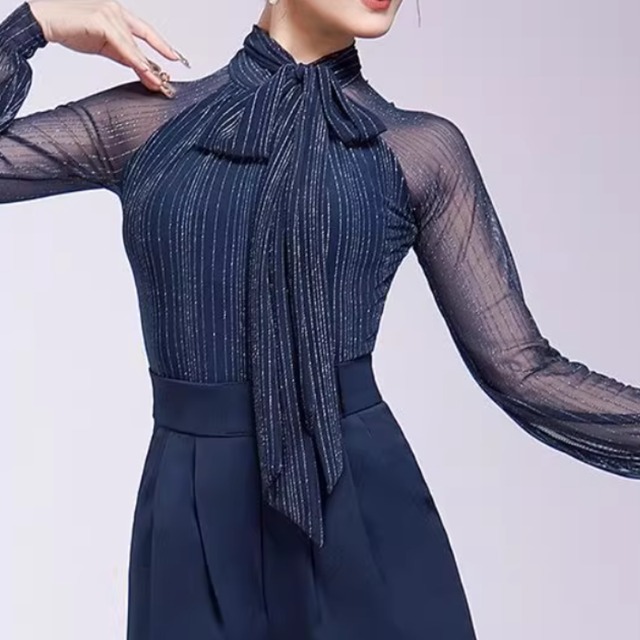 リボンタイ ロングスリーブ プルオーバー ダンスブラウス  ds1105