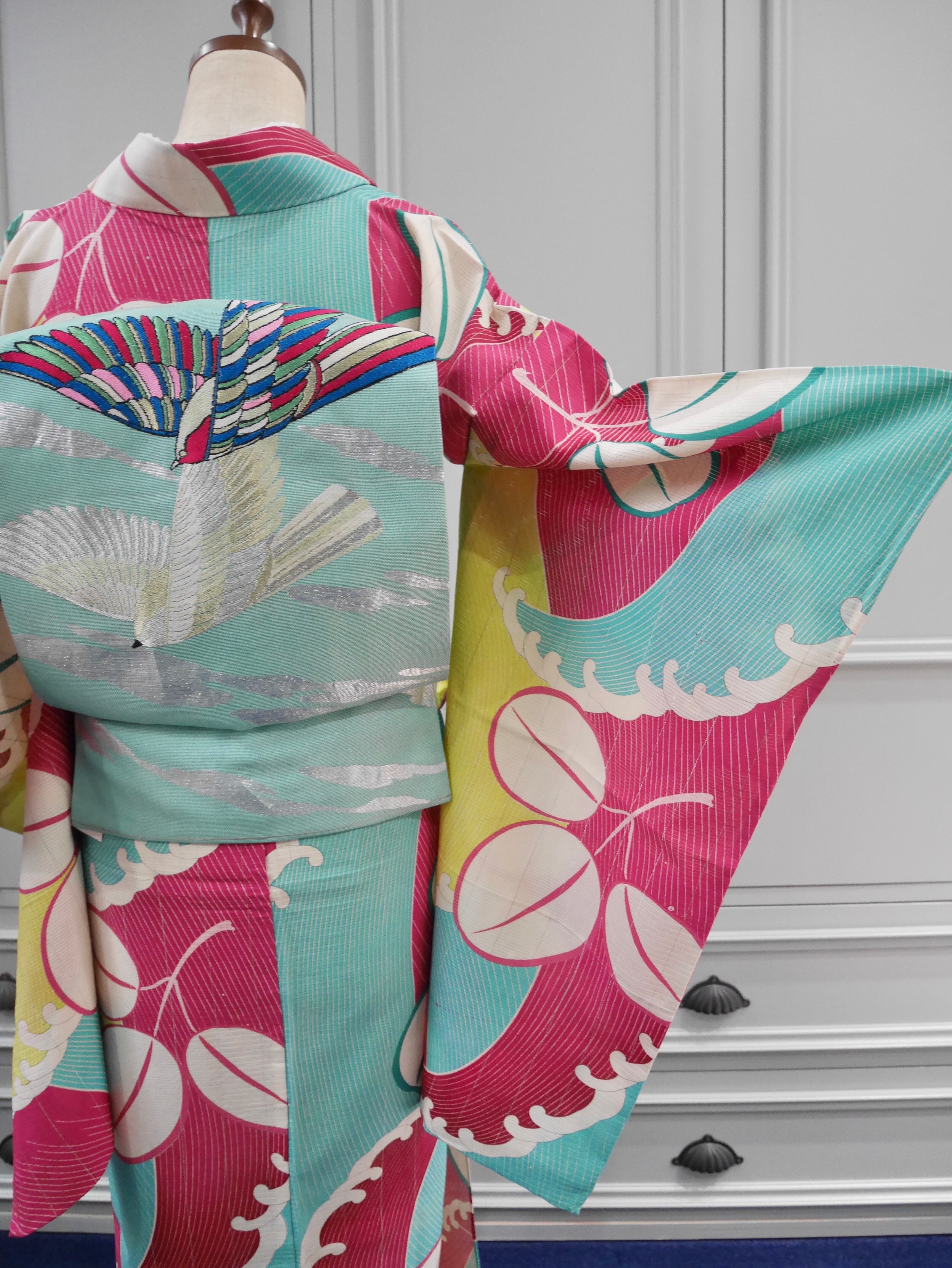 夏キモノ＊絽＊マゼンタピンクに波と萩模様 アンティーク着物 | kimono
