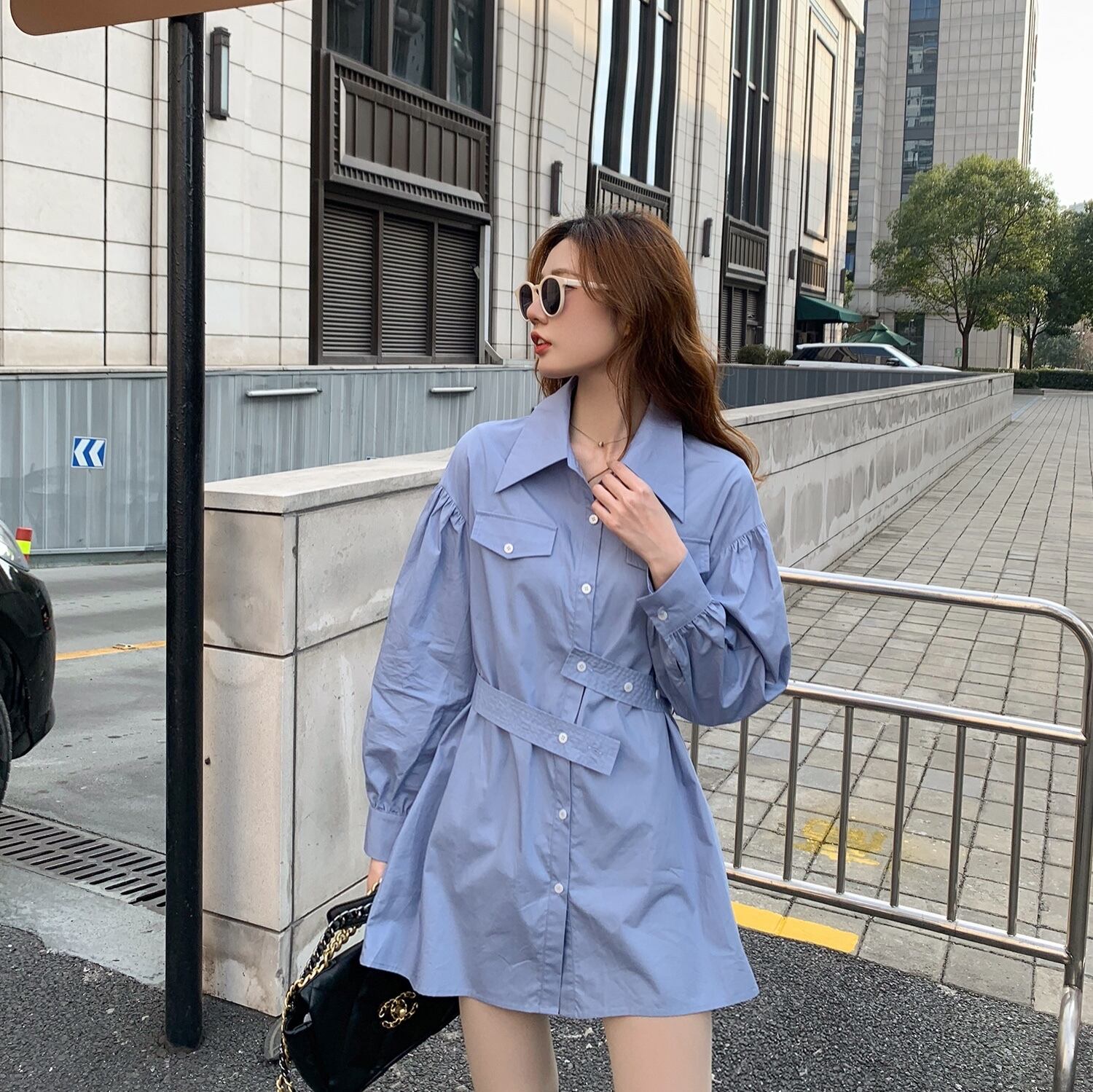 スプリングスタンダードウェストシャツ ドレス ブルースカート レトロ 春物 フラワーデザイン 6Du_Shop_Women57843912311