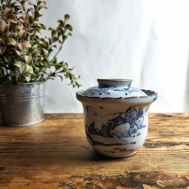 藍九谷 蓋物 明治末期〜大正時代頃 染付 蒸物碗 小吸物碗 アンティーク 加賀九谷