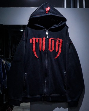 【add (C) vintage】Faux Leather Logo Design Loose Zip Up Hoodie