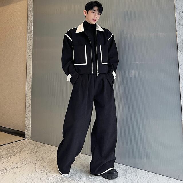 【予約販売】メンズ セットアップ 上下 長袖 レザー ブラック ホワイト バイカラー モノトーン ワイドパンツ 男前 韓国 パンツ セット カジュアル 韓国 トレンド M/L/XL