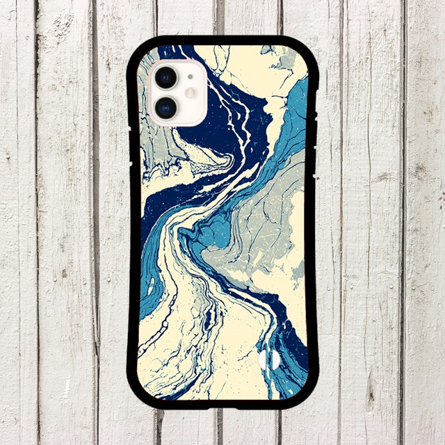 受注生産 iPhoneケース ネイビーと生成りの海流マーブル｜紙マーブリング MARB002B