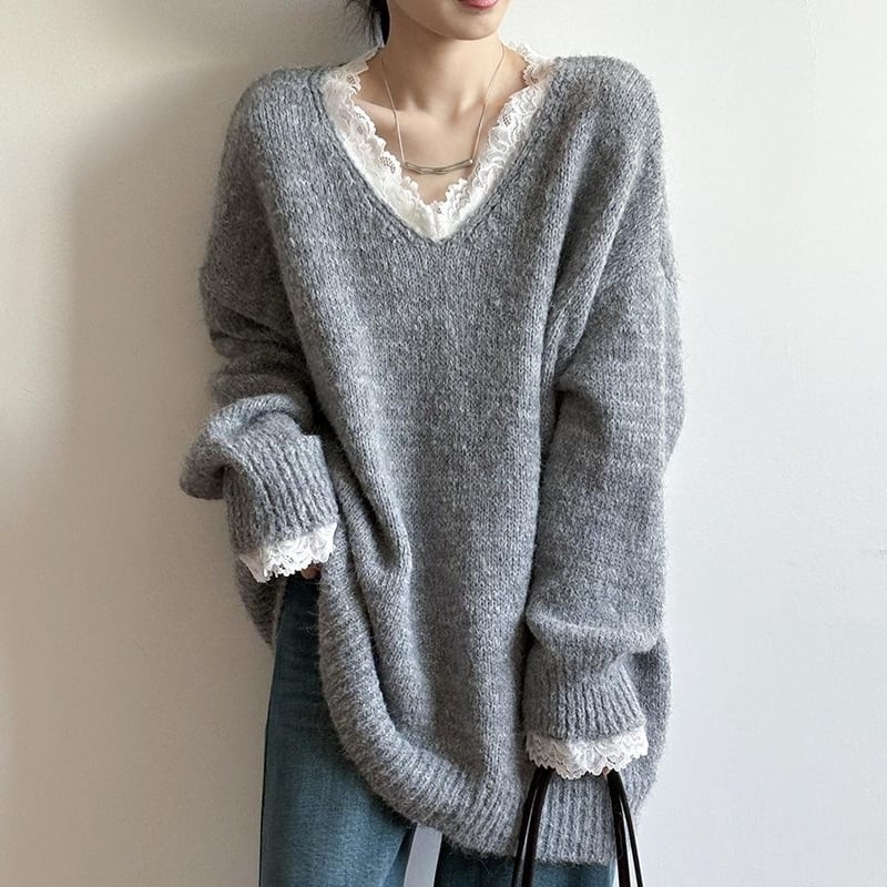 Lace vneck oversized knit 3 colors V2718
