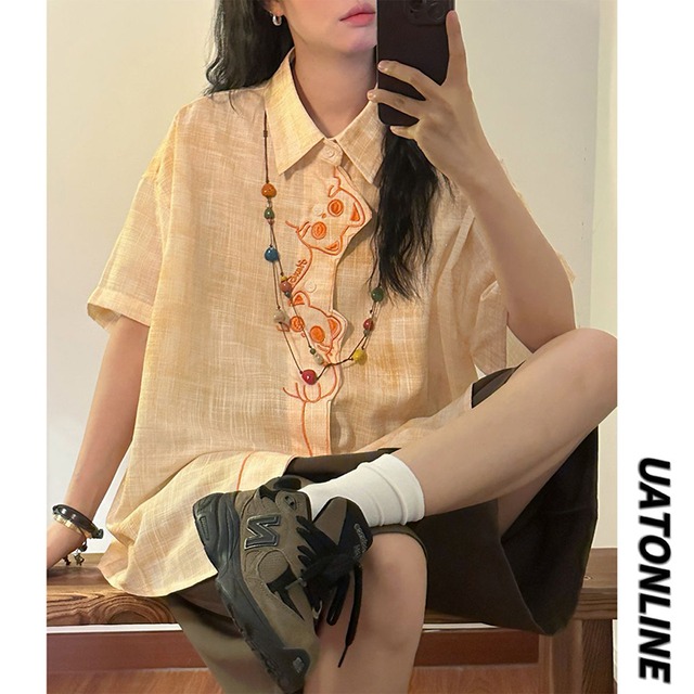 【UATONLINEシリーズ】★シャツ★ 2color トップス 半袖 ユニセックス 猫 猫柄 刺繍 デザイン性有り 黄 ピンク
