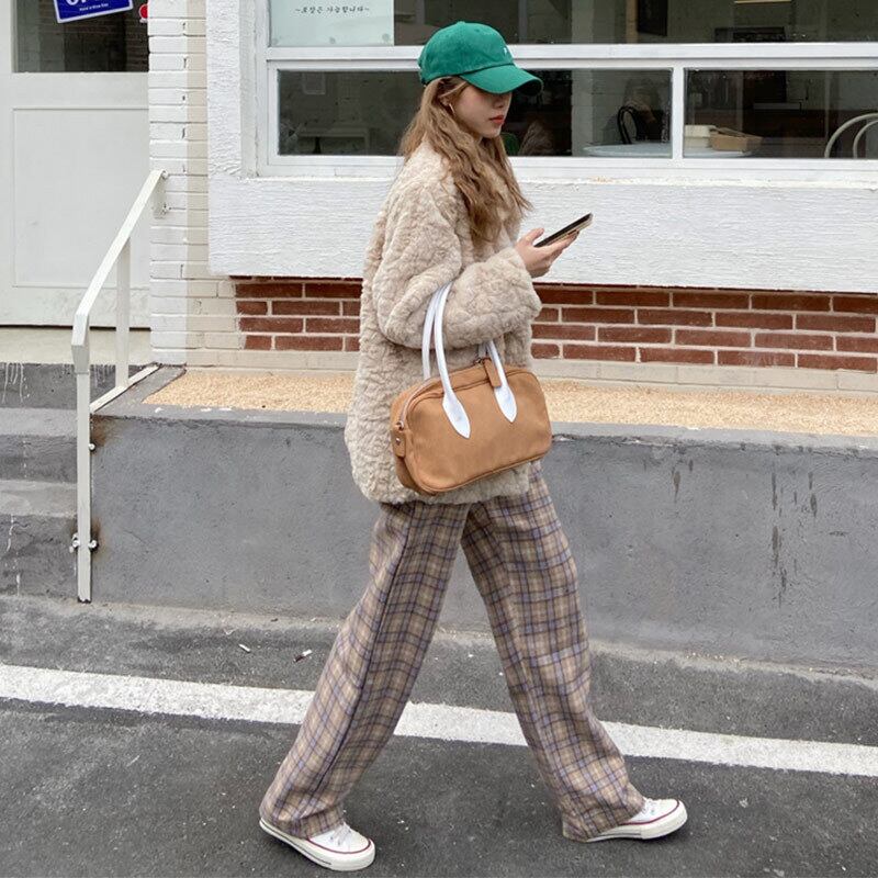 格子柄カジュアルパンツ スプリングハイウェスト薄手スタンダードスタイルスリム レトロ 春物 萌量不足74143470305