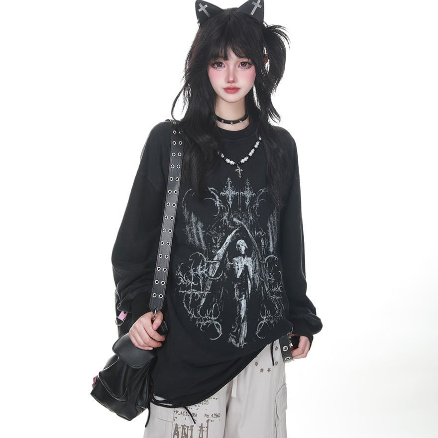 ライブ参戦服 グラフィック長袖トップス ルーズシルエット ストリートファッション
