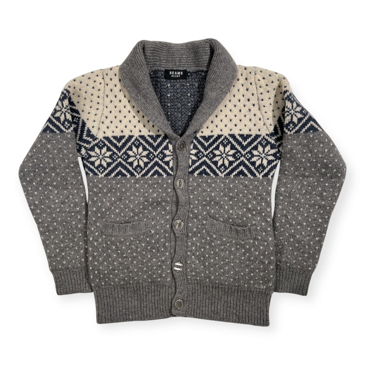 BEAMS HEART ビームス 羊毛100% ウール ショールカラー ニット カーディガン M /グレー系 雪柄 ノルディック 厚手 セーター