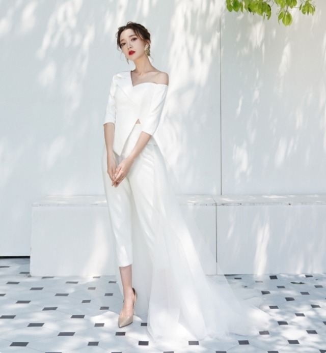 ホワイト　ワンショルダー　チュール　パンツドレス  パーティードレス　上下別  iPdp0021