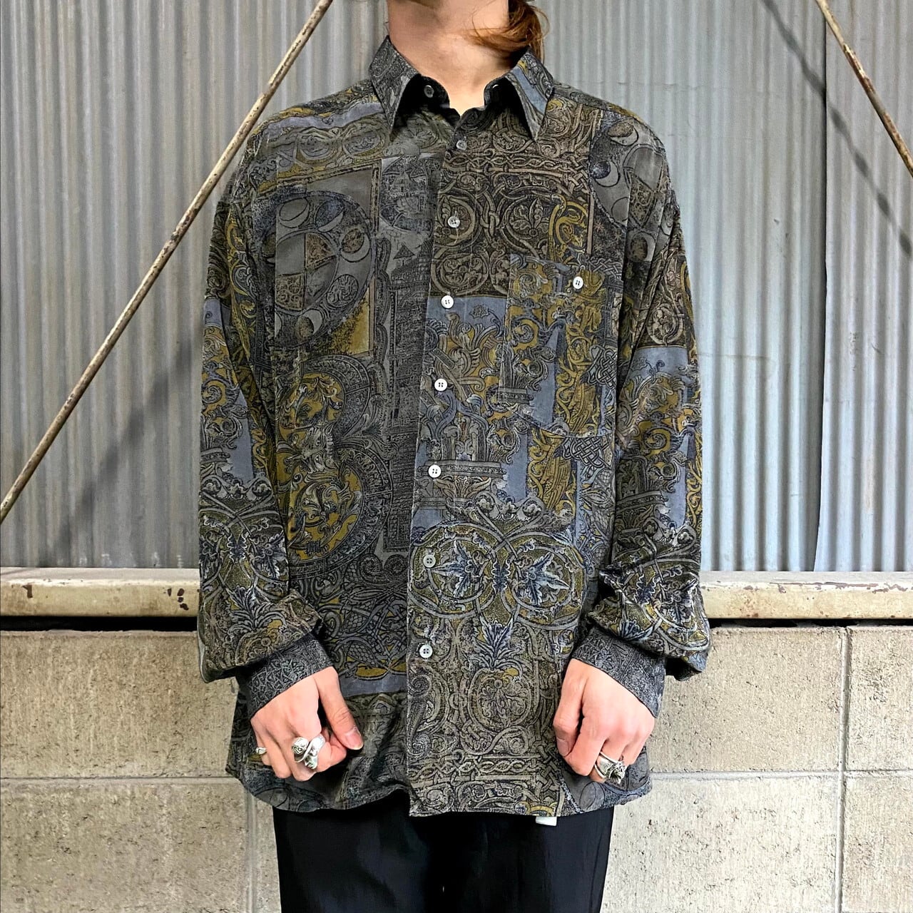 De Kalb Tycoon 長袖 レーヨン ユーロブランド 総柄シャツ メンズxl 古着 グレー系 灰色 長袖シャツ Cave 古着屋 公式 古着通販サイト