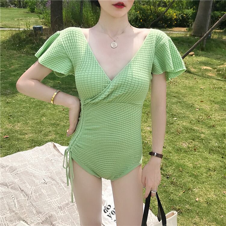 ラップ風Vネックモノキニ ワンピース水着 パッド付き ノンワイヤービキニ 2022新作