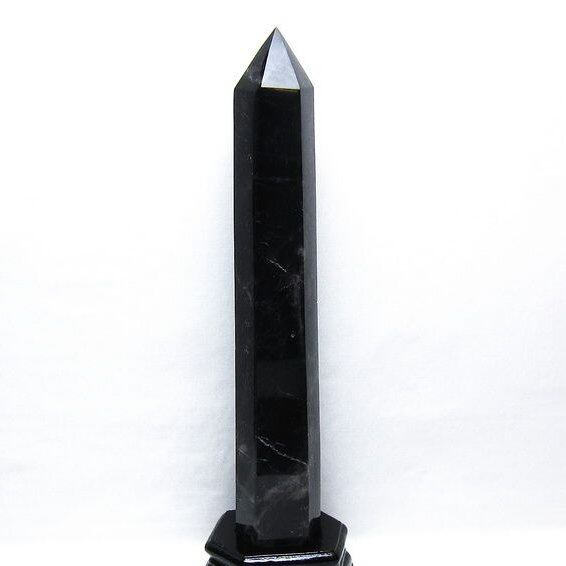 1.6Kg 黒水晶 六角柱 モリオン ポイント 置物 一点物 台座付属 152-4353