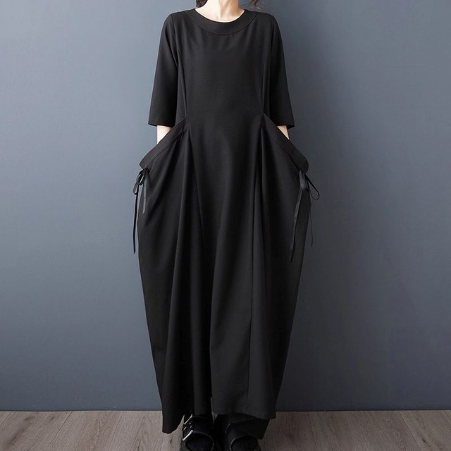 BLACK BOAT NECK 3/4 SLEEVES MAXI PULLOVER DRESS 1color M-14229