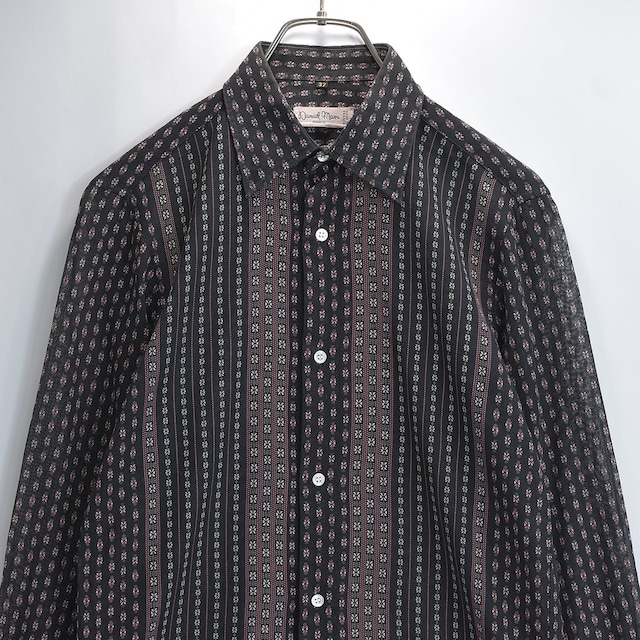 80s-90s フランス製 Daniel Man ダニエルマン 長袖シャツ 総柄 小紋柄 シアー 透け感 スリムシルエット USED ヴィンテージ ビンテージ 古着 メンズ XS〜S相当