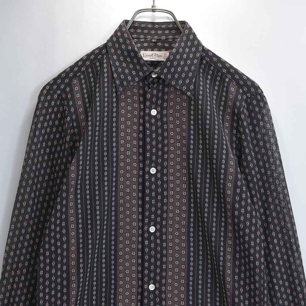 80s-90s フランス製 Daniel Man ダニエルマン 長袖シャツ 総柄 小紋柄 シアー 透け感 スリムシルエット USED ヴィンテージ ビンテージ 古着 メンズ XS〜S相当