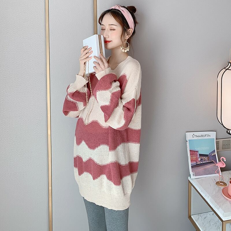 【新作】【送料無料】 マタニティウェア2019秋冬ニューウェーブストライプニットドレススタイルミドル丈ファッションマタニティドレス-アリババ オータム 秋物 ウィンター 冬物 expec287501139544