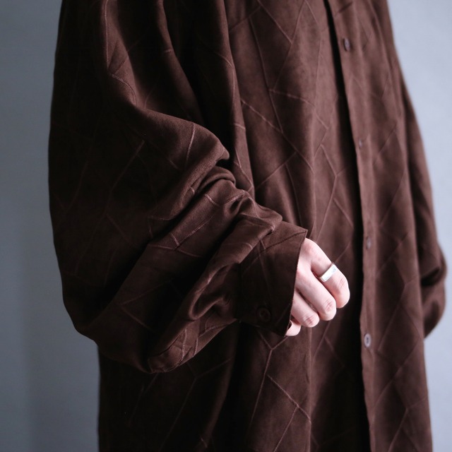 random grid stitch work design XXXL over size fake suede shirt