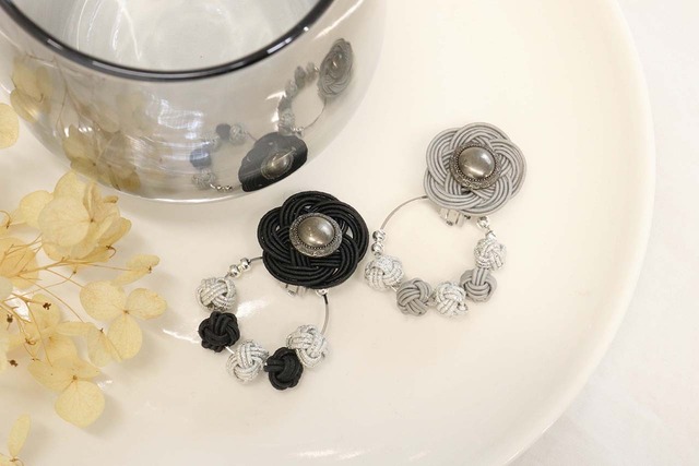 イヤリング　水引　グレー×ブラック　お呼ばれ　花火大会