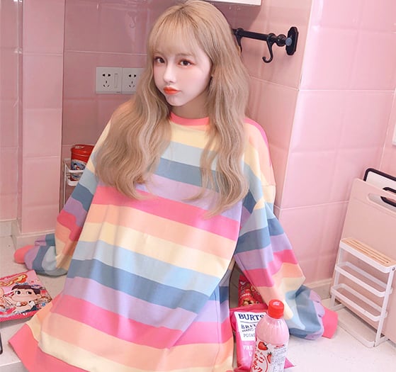 トレーナー レディース 韓国ファッション トップス かわいい 派手 レインボー Tb 668 毒いちご 韓国ファッション