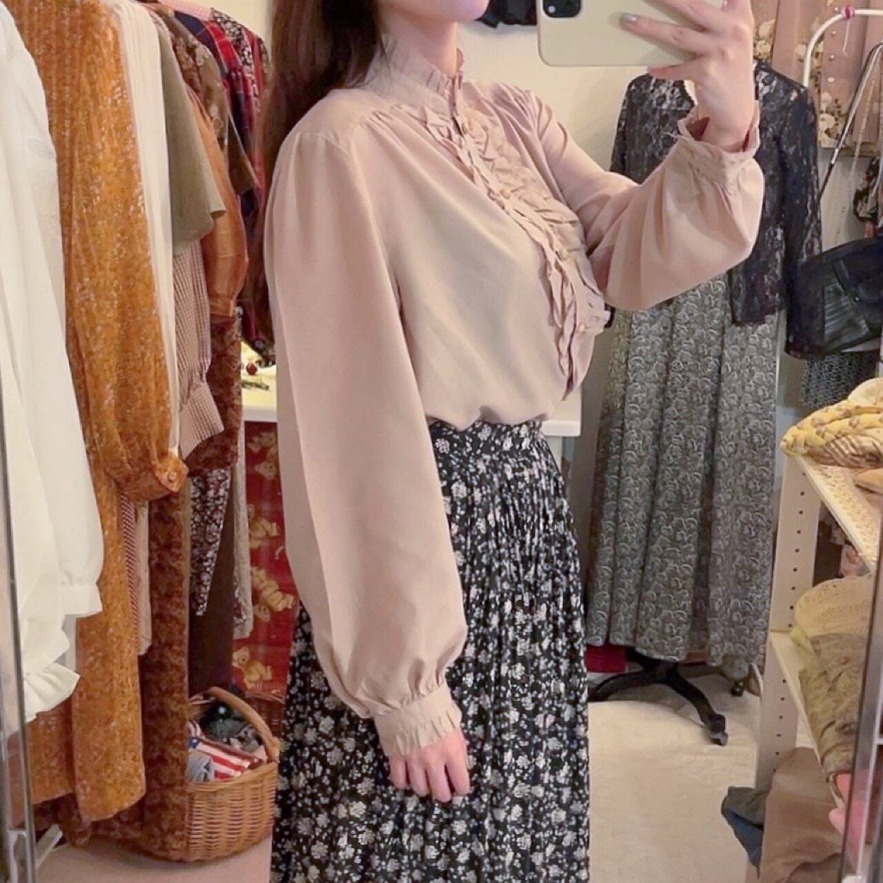 beige frill stand collar blouse