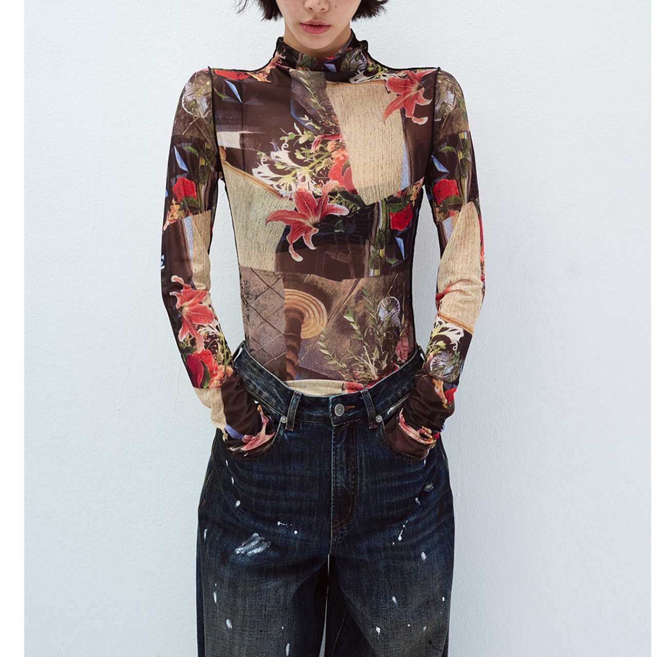 floral high-neck cut-and-sew T4355