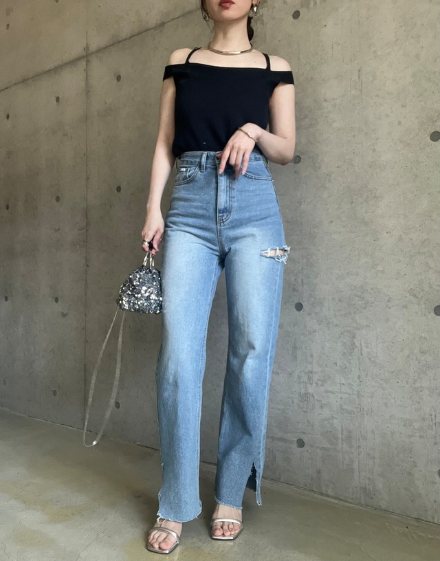 ハイウエストスリットストレートデニムパンツ