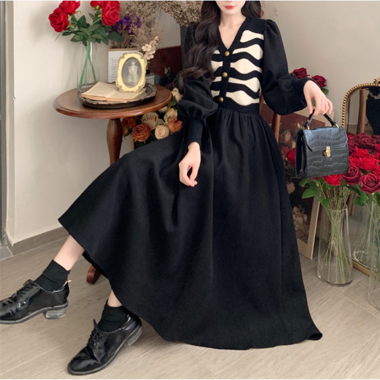 ニットとコーデュロイのフェイクワンピース 【MKOP60】