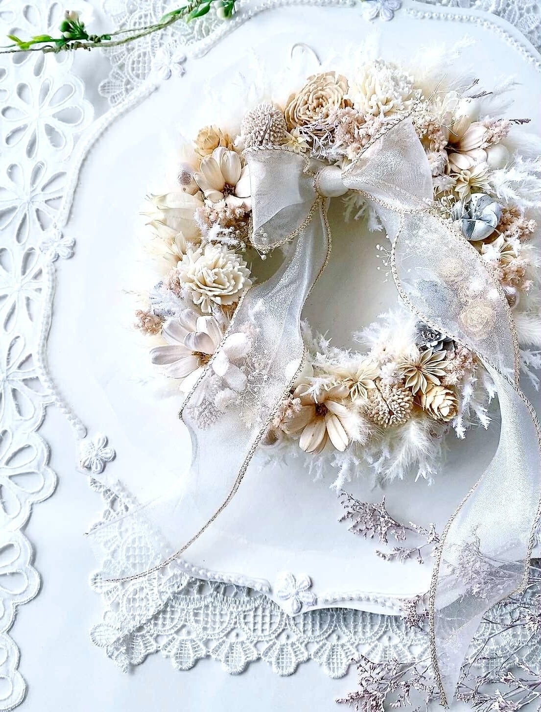 【WR-002】【ふんわり優しいホワイトリース】アイボリー×ドライフラワー/壁掛け/インテリア/贈り物におすすめ