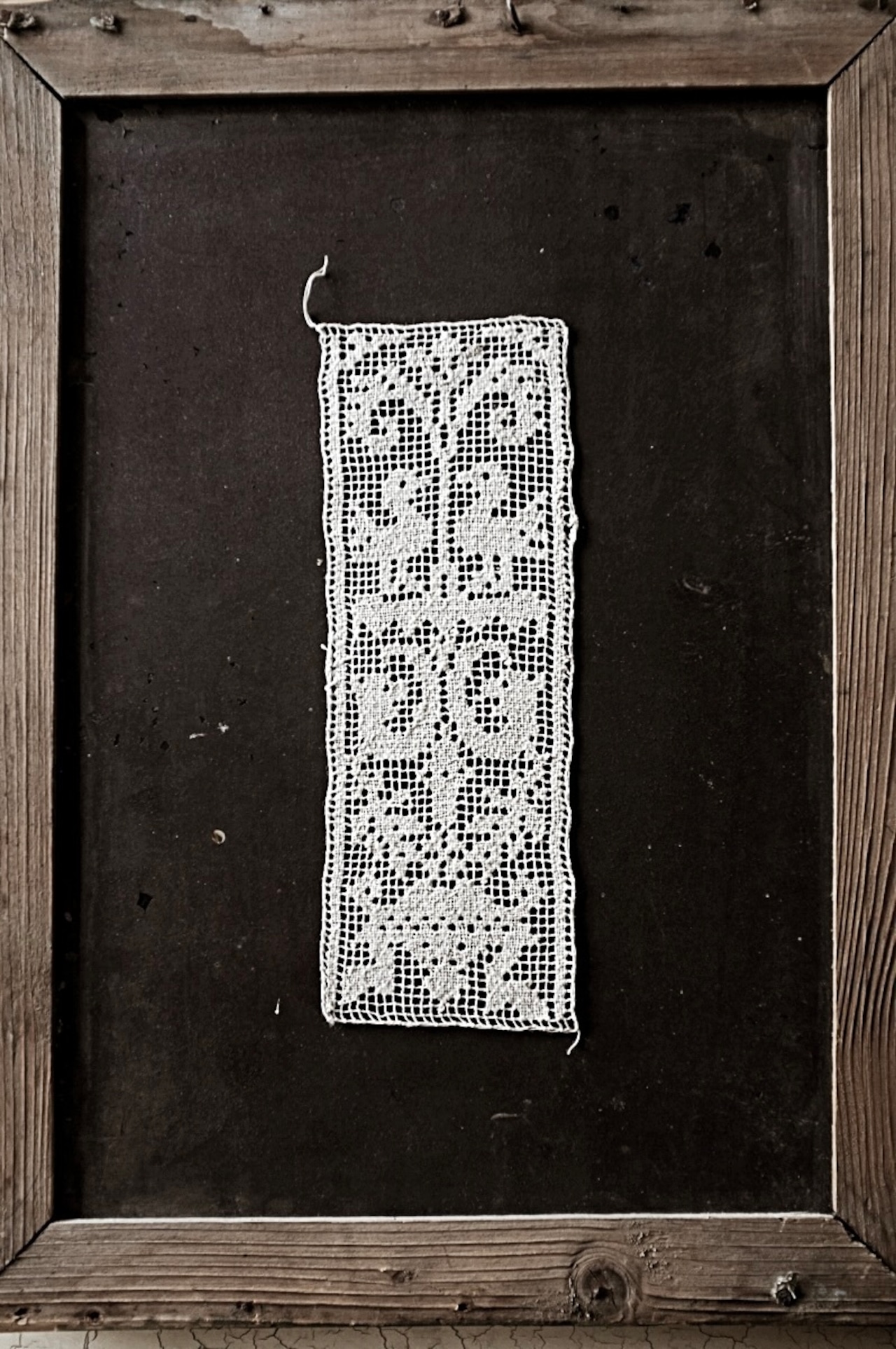 19世紀 フランス リネン 鳥と魚と薔薇と カンデラブルムのあるゴシック的ハンドワークフィレレースモチーフ アンティーク