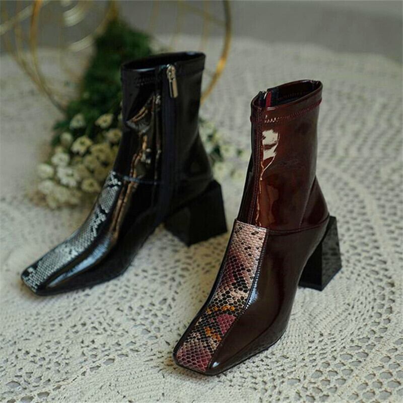 【新作】【送料無料】 カラーマッチングスネークプリントスクエアトゥワインレッドブラック厚底ハイヒールブーツ秋冬レザーレディースブーツ 靴 シューズ オータム 秋物 ウィンター 冬物 スクウェア 10b378052057392