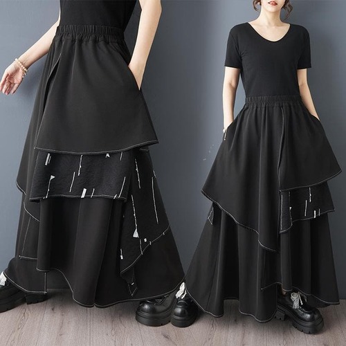 大きいサイズ スカート 黒 切替 アシンメトリー Aライン ゆったり夏秋