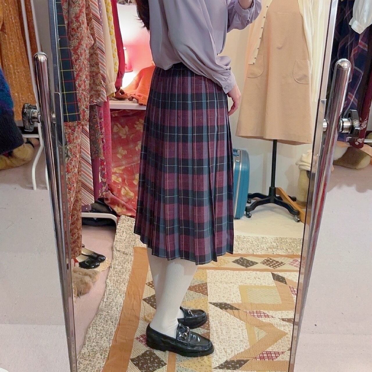 pink green check pleats skirt