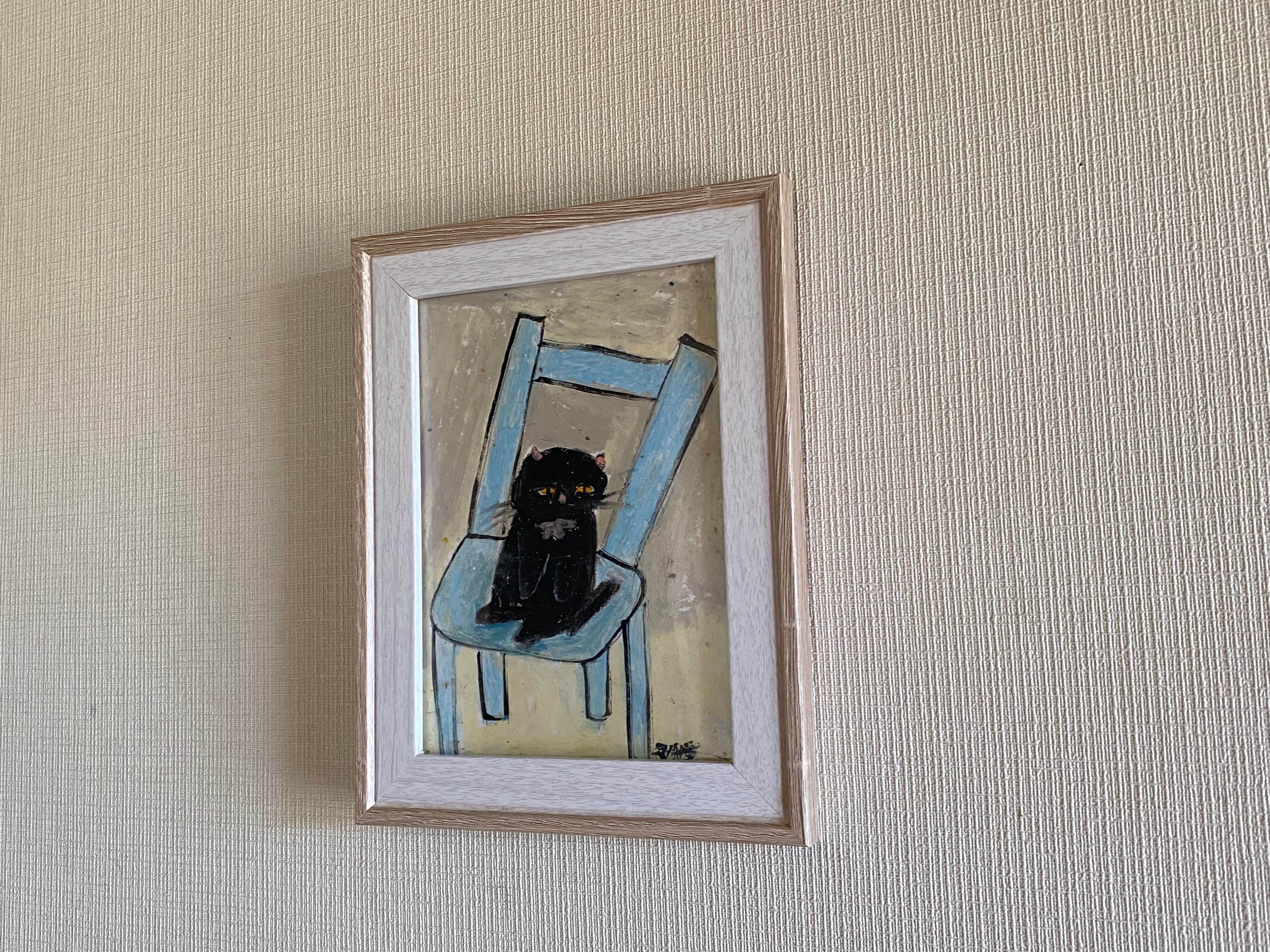 絵画。原画【青い椅子の上の黒猫】 - メルカリ