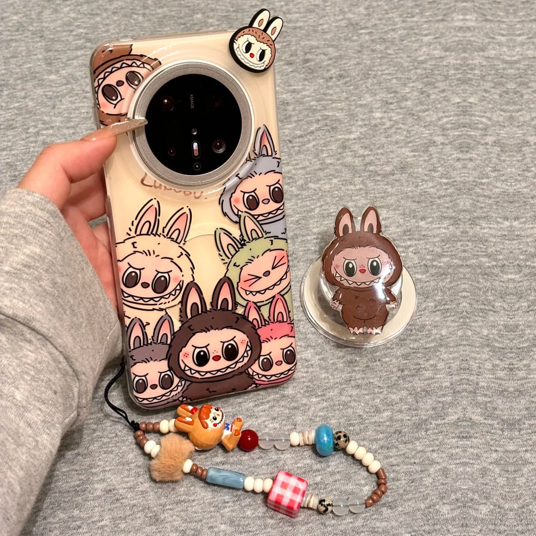 マグネットスタンド & ストラップ付き!超可愛い Labubu ラブブ いっぱい iPhone Huawei 対応 スマホケース 全面デザイン 人気 携帯カバー 便利 おしゃれ ギフト