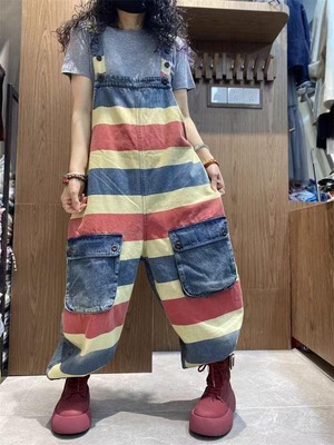 大きいサイズ デニムサロペット オーバーオール ボーダー ゆったり 新品 秋冬