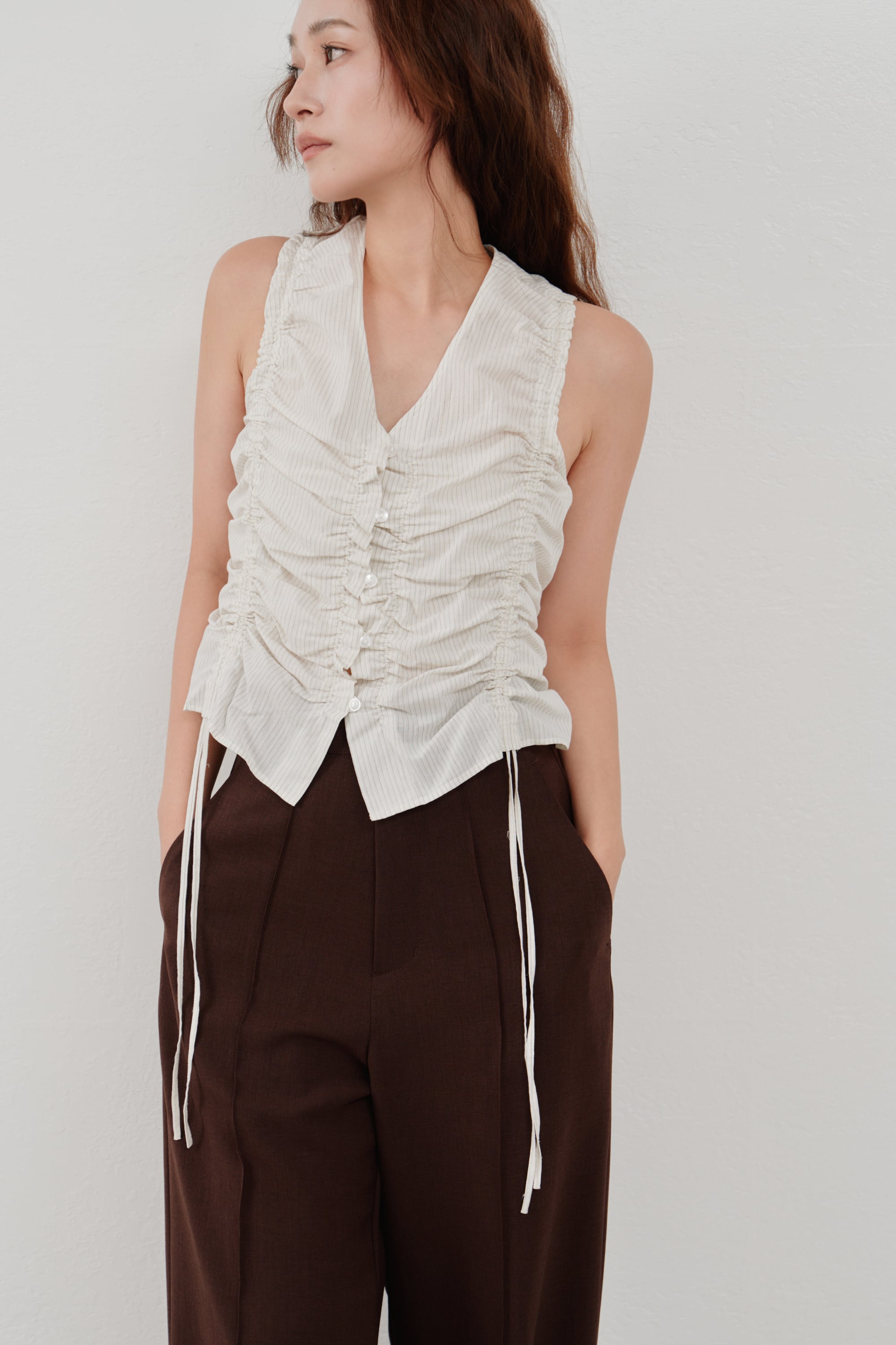 Hella gather stripe top ギャザーストライプトップス Beige | planet3rd