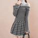 【2点セット】ボーダーハイネックドッキングリブニット+チェックプリーツスカート ・79352