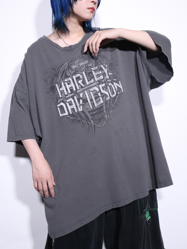 "Harley-Davidson" 墨黒 XXXL over silhouette punk logo tee