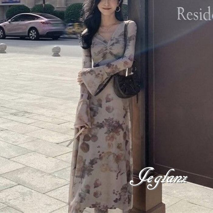 プリント ワンピース ドレス ツイスト Vネック きれいめ (MA895)γα