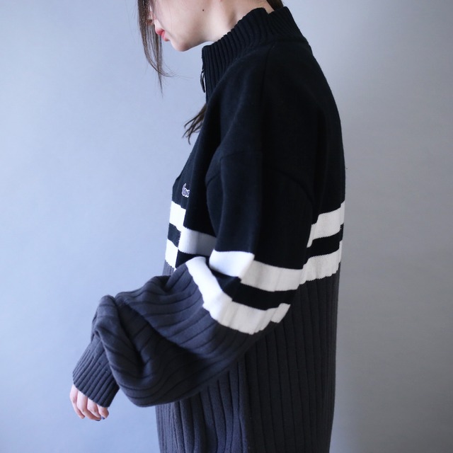 monotone switching color pattern over silhouette half-zip knit