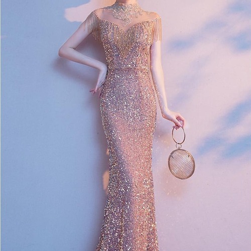 ドレス パーティードレス ロング丈 スパンコール キラキラ 透け感 レディース 大人可愛い フォーマル きれいめ 結婚式 二次会 お呼ばれ 謝恩会 hin-1045