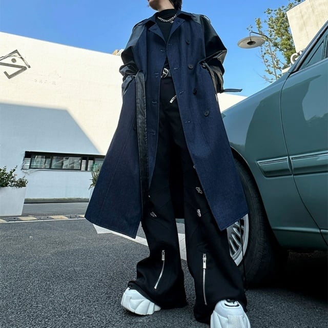 予約販売】コート 異素材 メンズ アウター ロング丈 ネイビー ブラック