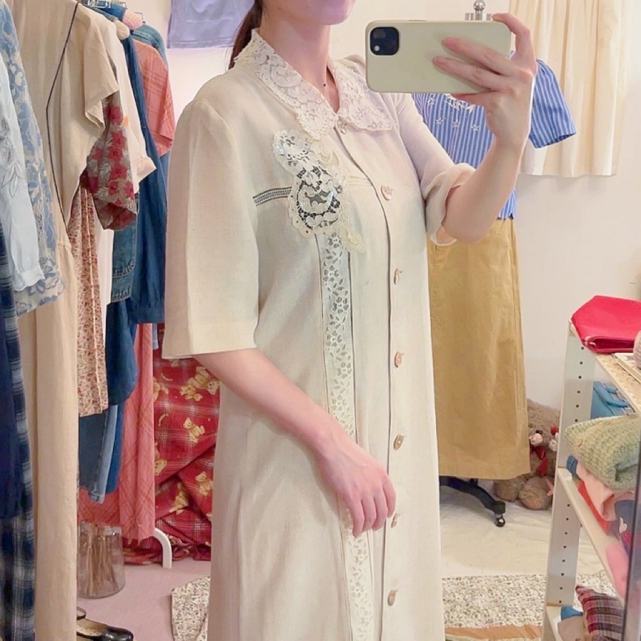 lace collar linen beige one-piece