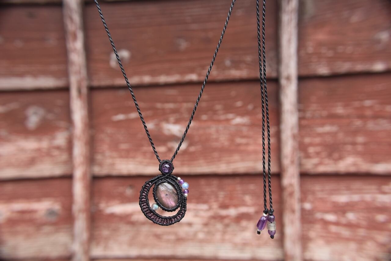 Purple Labradorite micro macrame moon pendant