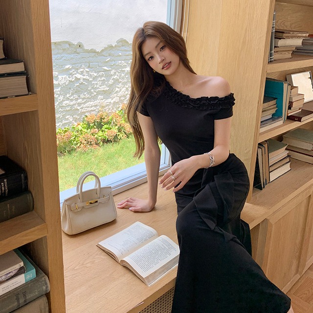 ワンピース オフショルダー ウエストリボン 無地 ブラック S M L