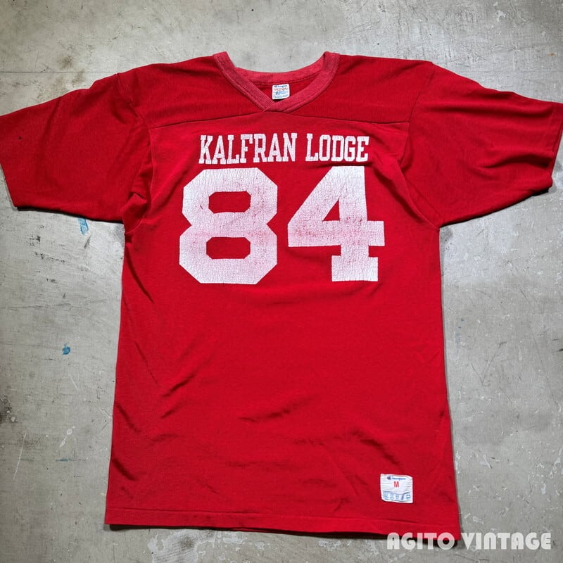 80's Champion チャンピオン コットンナイロンフットボールTee KALFRAN LODGE ナンバリング トリコタグ レッド MEDIUM USA製 希少 ヴィンテージ BA-2555 RM2974H