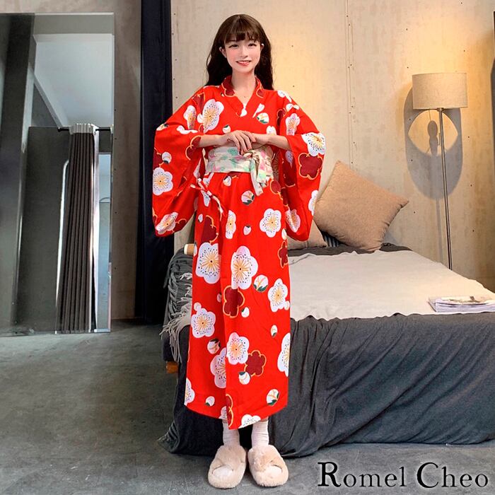 【お支払確認後20日以内発送】 RomelCheo 和花 浴衣 簡易帯 花柄 和柄 梅柄 プリント 赤 朱色 ゆかた レディース ティーンズ 女物  女性用 婦人用 和服 寝間着 部屋着 ルームウェア パジャマ かわいい 帯付き 夏祭り レトロ ロメルチェオ